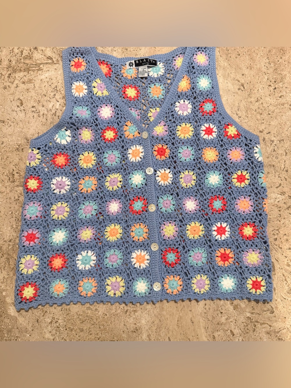 BLAST Blue Crochet Granny Square Vest with Multicolor Accents